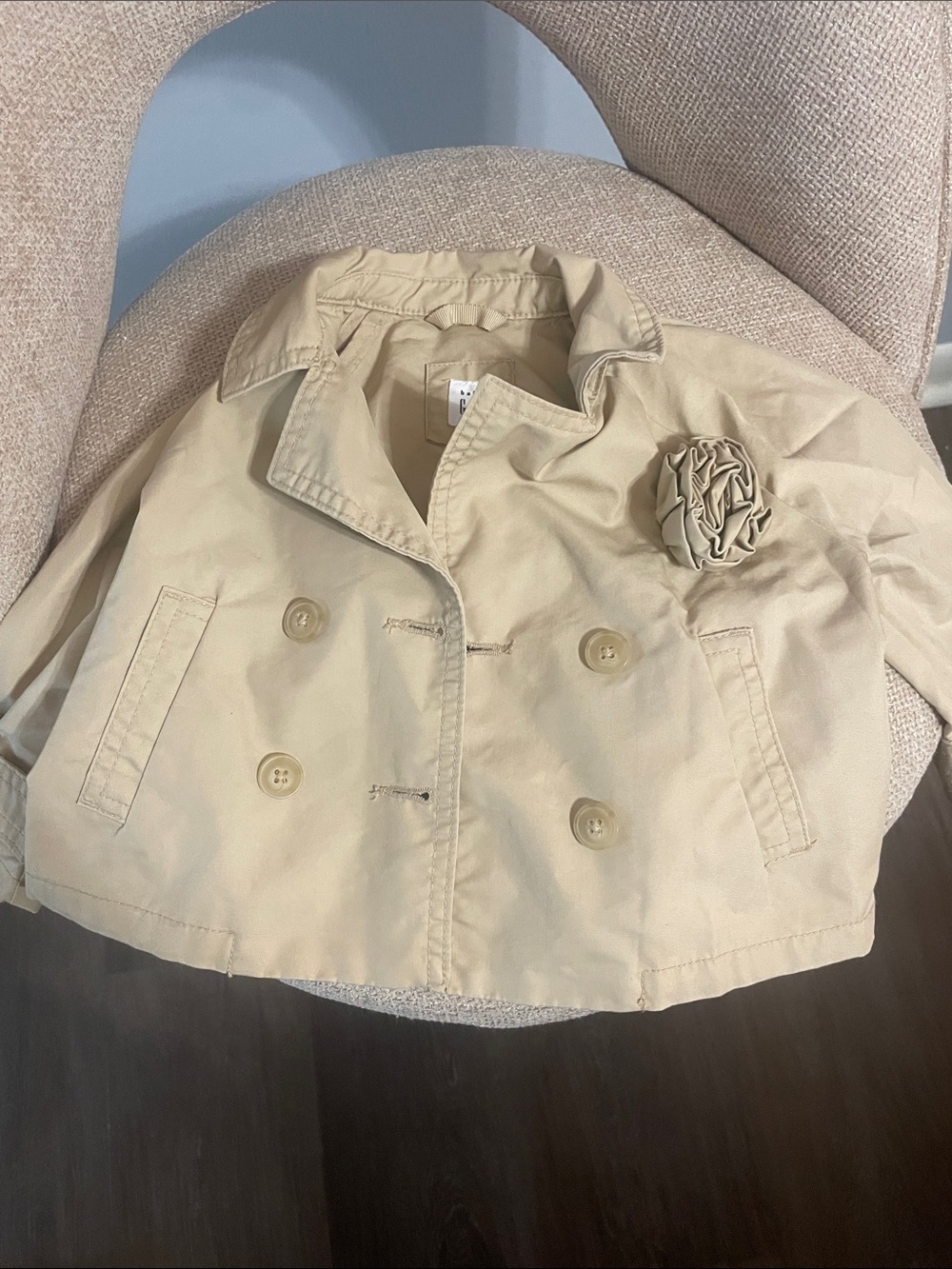 GAP Beige Double-Breasted Kids Pea Coat with Flower Accent